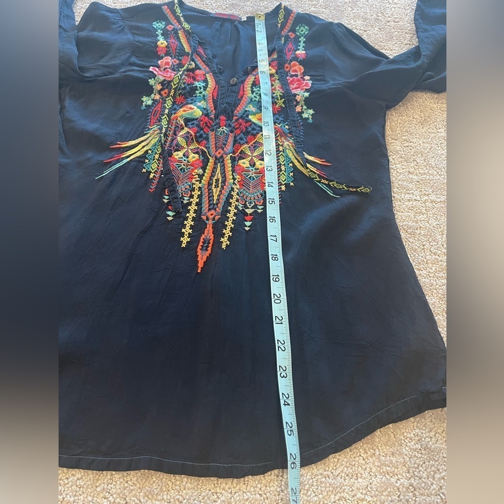 Johnny Was Embroidered Black Women's Blouse, Buttoned V-Neck, Long Sleeve, S - Picture 7 of 16